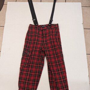Women's Junior's Hot Topic Red Plaid Punk Cargo Joggers Size 5 with Suspenders